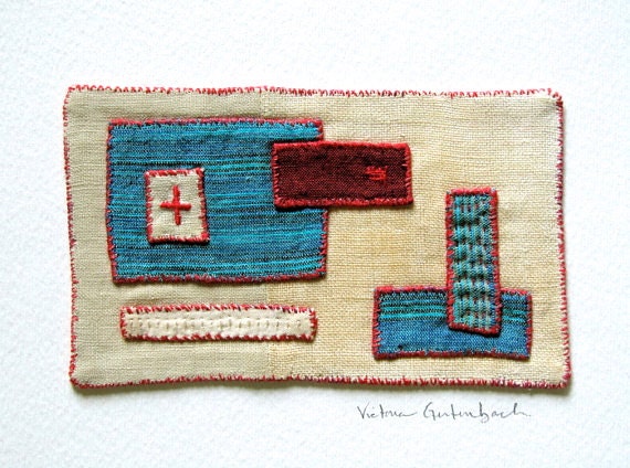 Red Cross Textile Artwork - Hand Stitched Fabric Collage Wall Hanging - Embroidered Appliquéd Patchwork - Fiber Art