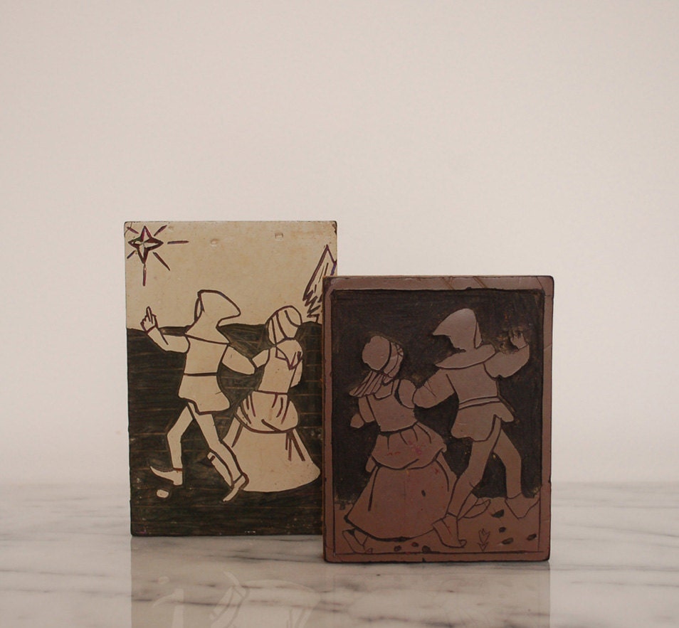 vintage linoleum print blocks walking couple lino printing blocks
