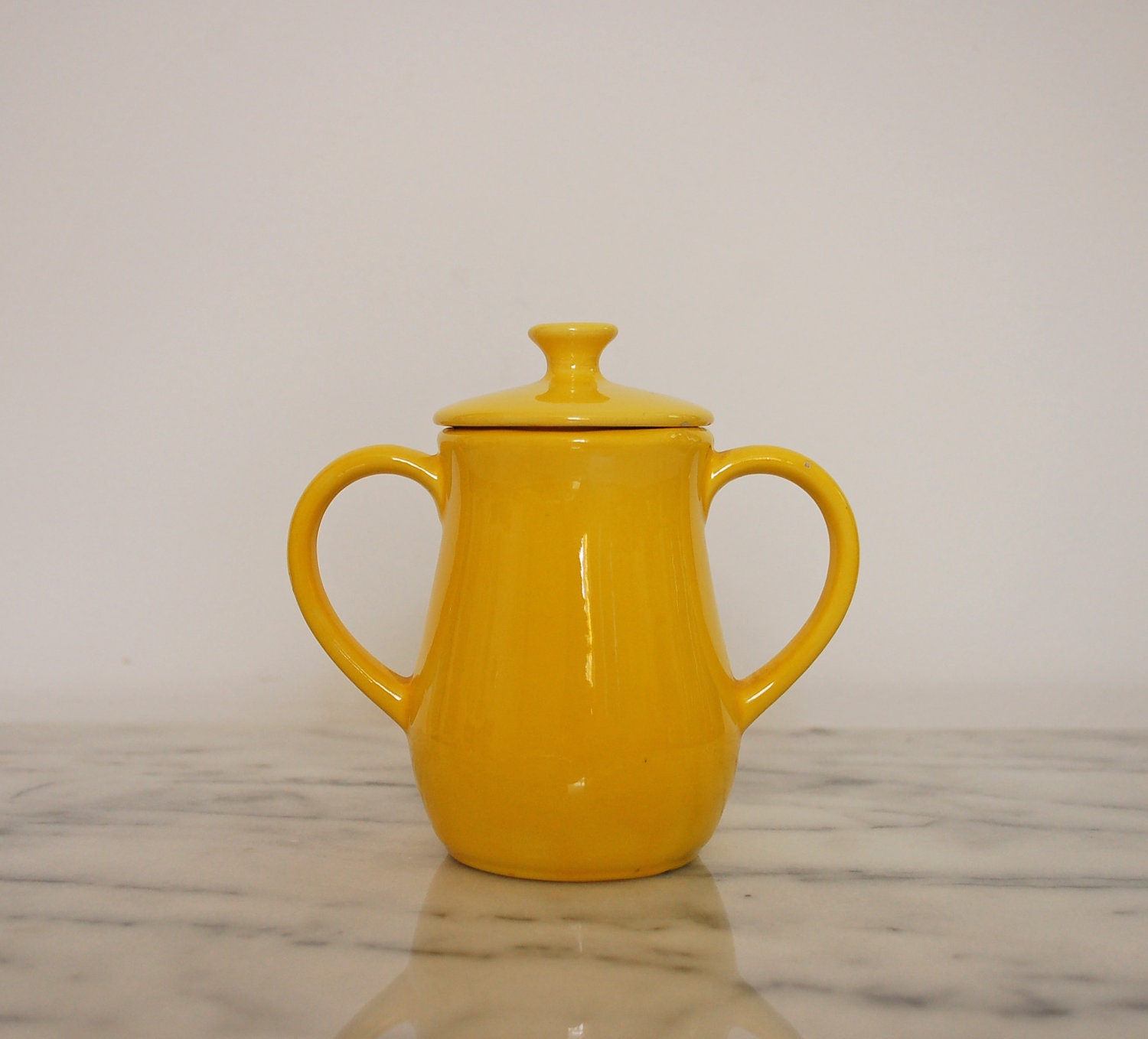 vintage bright yellow lidded container, holiday designs usa