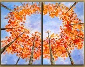 Original paintings, Looking Up Autumn red maple tree Art, impasto texture Abstract acrylic painting ready to hang mural by tim lam 48x36