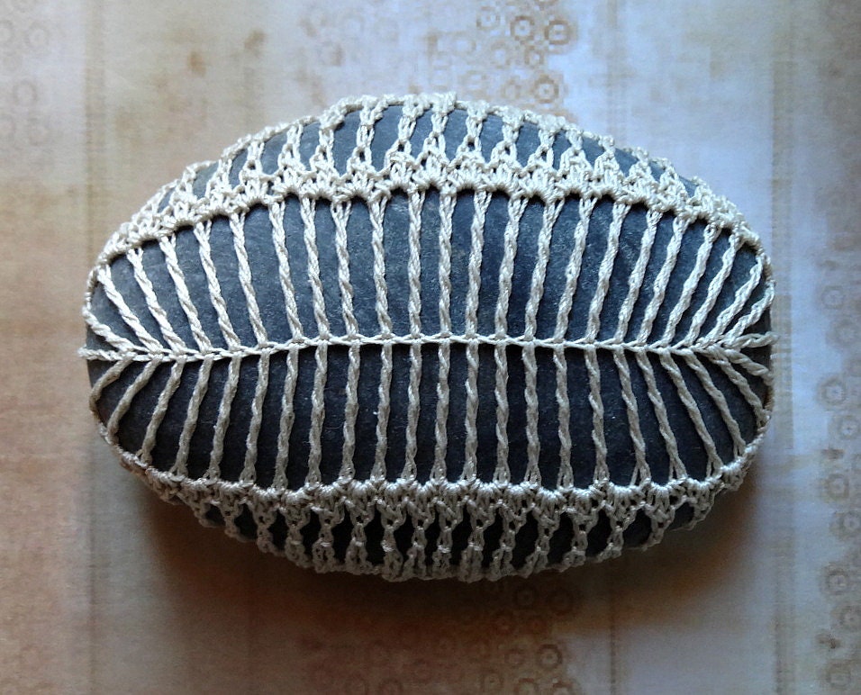 Art, Mixed Media, Crochet Lace Stone, Original, Handmade, Table Decorations, Home Decor, Art Object, Folk Art, Oval, Beige, Gray