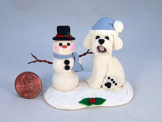 Bichon Frise and Snowman Handsculpted Clay Figurine