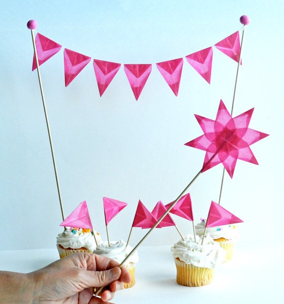 Pink Cake Topper, Cake Bunting for Wedding Cakes, Birthday Parties, Mini Bunting - Handmade with Rainbow Color Kite Paper and Wool Felt Set