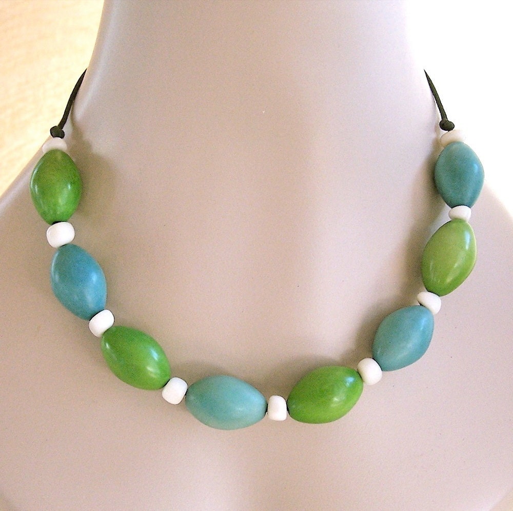 Adjustable Tagua Necklace - Blue 'n Green - Outrageous Olive