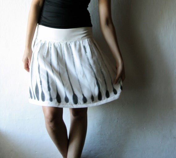 Handpainted Silk Skirt - knee length womens gathered ivory silk skirt
