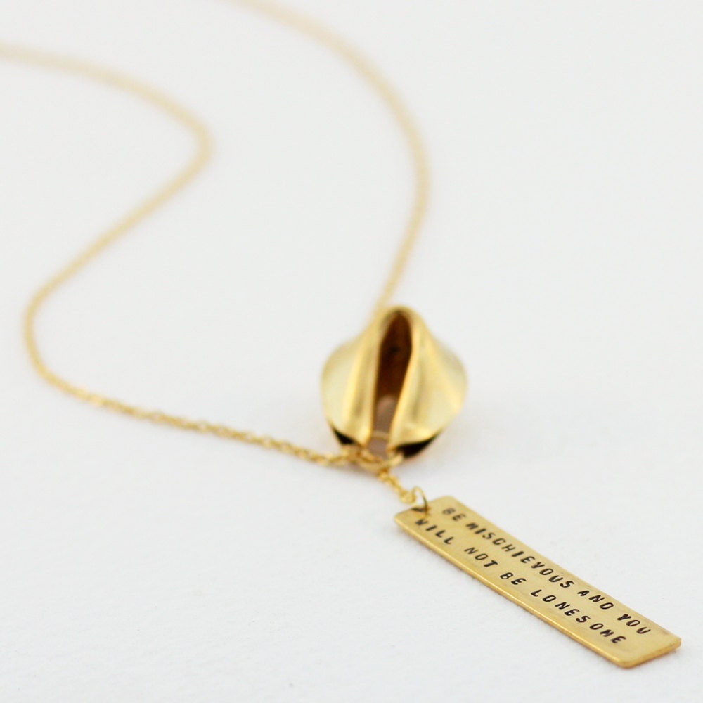 be mischievous and you will not be lonesome - 18" 18k gold vermeil fortune cookie lariat with fortune message in front