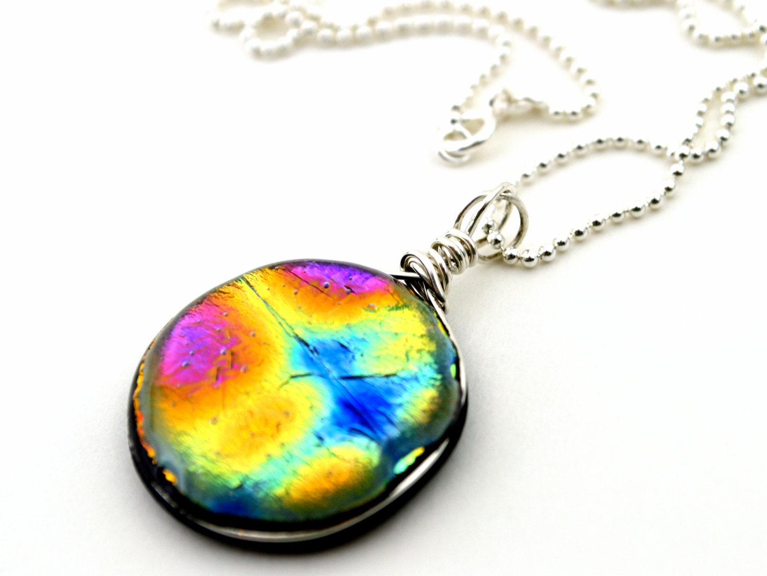 Sterling Silver Wire Wrapped Dichroic Glass Pendant Necklace - Fused Glass Jewelry / Fused Glass Pendant / Art Glass  Pendant / Ball Chain