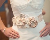 Champagne Bridal sash, Ivory, cream and champagne fabric flower sash for bride, wedding sash