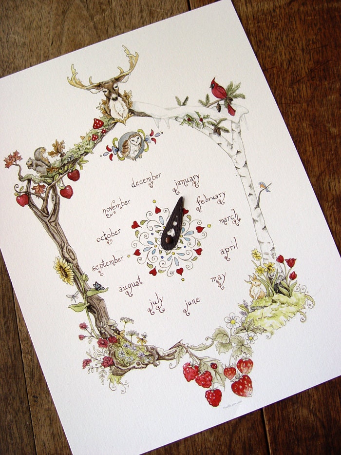 Month Names Only The Four Seasons Woodland Cuckoo Clock Calendar  8.5x11" Print
