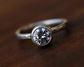 Engagement Ring - Bridal Jewelry - Recycled Sterling Silver - Brilliant Cubic Zirconia - Rustic Hammered Band