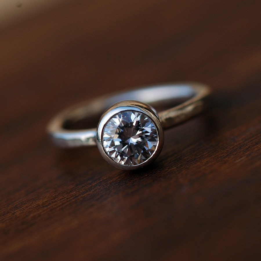 Engagement Ring - Bridal Jewelry - Recycled Sterling Silver - Brilliant Cubic Zirconia - Rustic Hammered Band