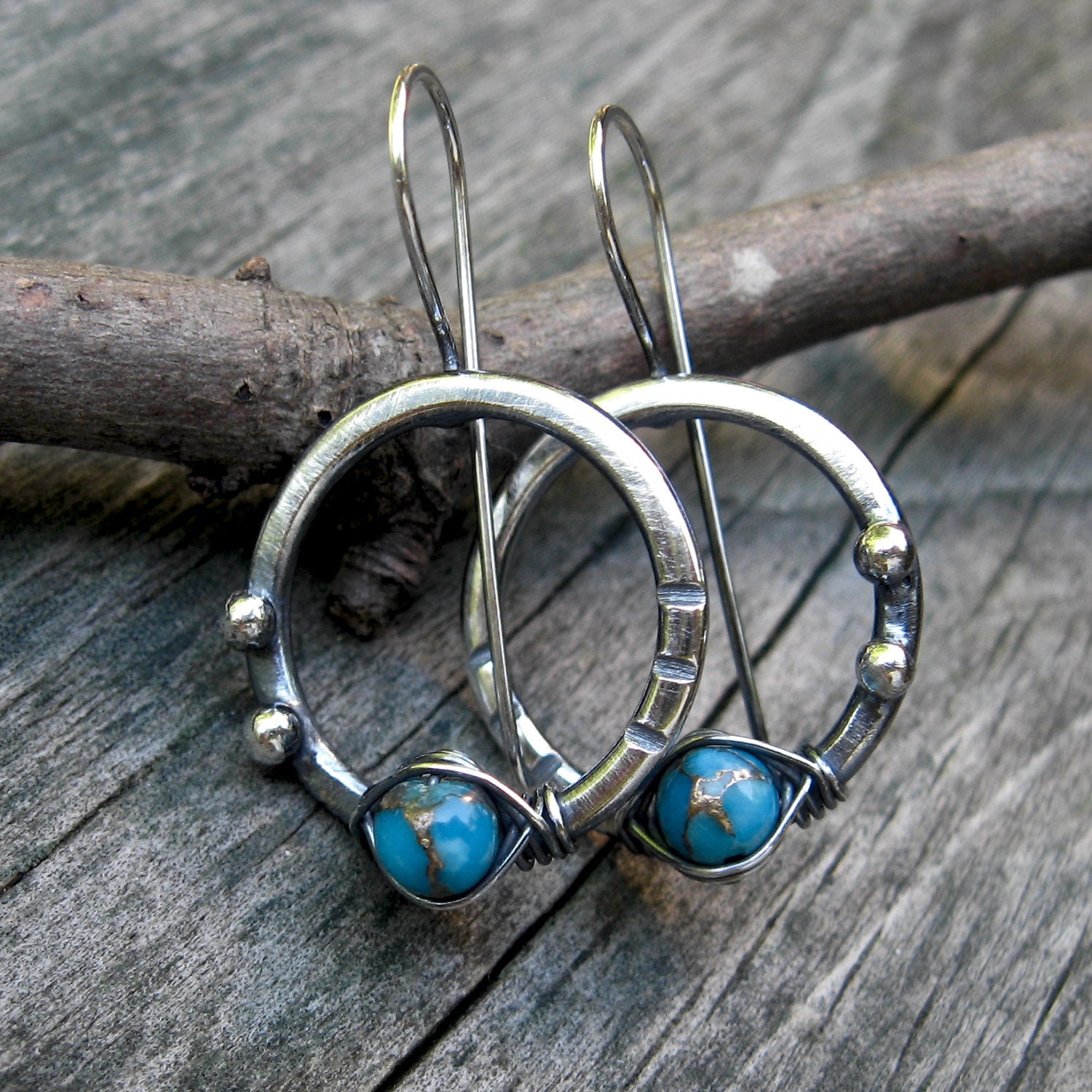 Kingman Turquoise Earrings ... turquoise sterling silver hoop dangle earrings oxidized bright blue and copper matrix