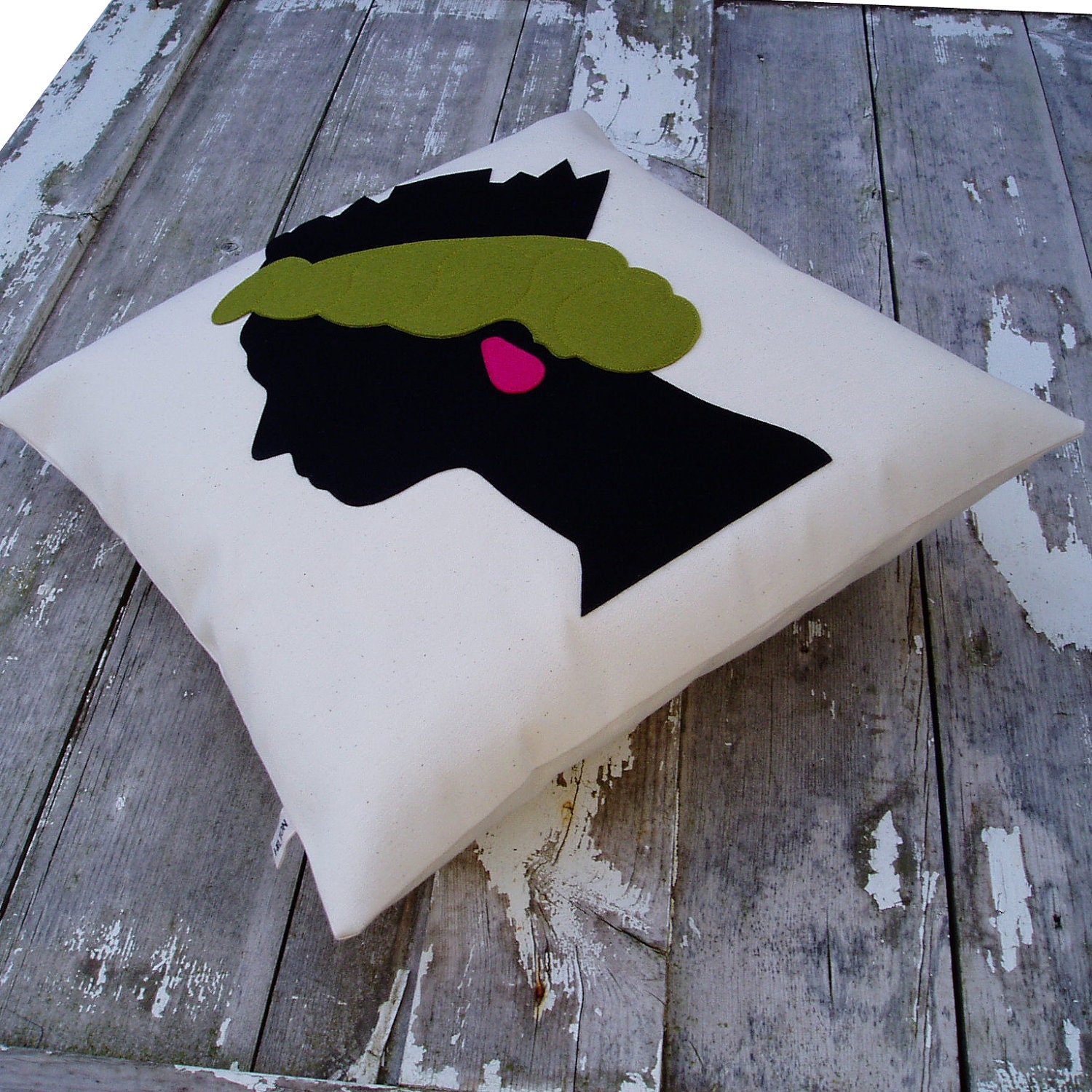 QUEEN  Cushion/pillow   Black, Green & Hot pink apliqued wool felt.