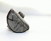 Black and white stone ring, black tourmilated quartzring, oxidized sterling silver ring, size 7, half moon statement ring