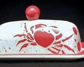 Butter Dish. Red Crab Knobbed Butter Dish. Crab. Red. Dot. Butter. Dish. Tray. Handmade by Sara Hunter Designs.