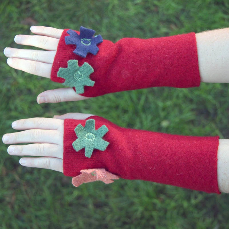 Recycled Sweater Children's Arm Warmers Kids Fingerless Gloves Red