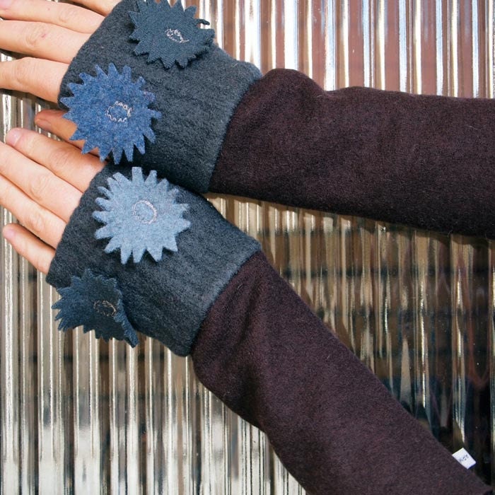 Upcycled Sweater Fingerless Mittens Felted Arm Warmer Eco Friendly Recycled -  Eggplant and Grey with Flowers