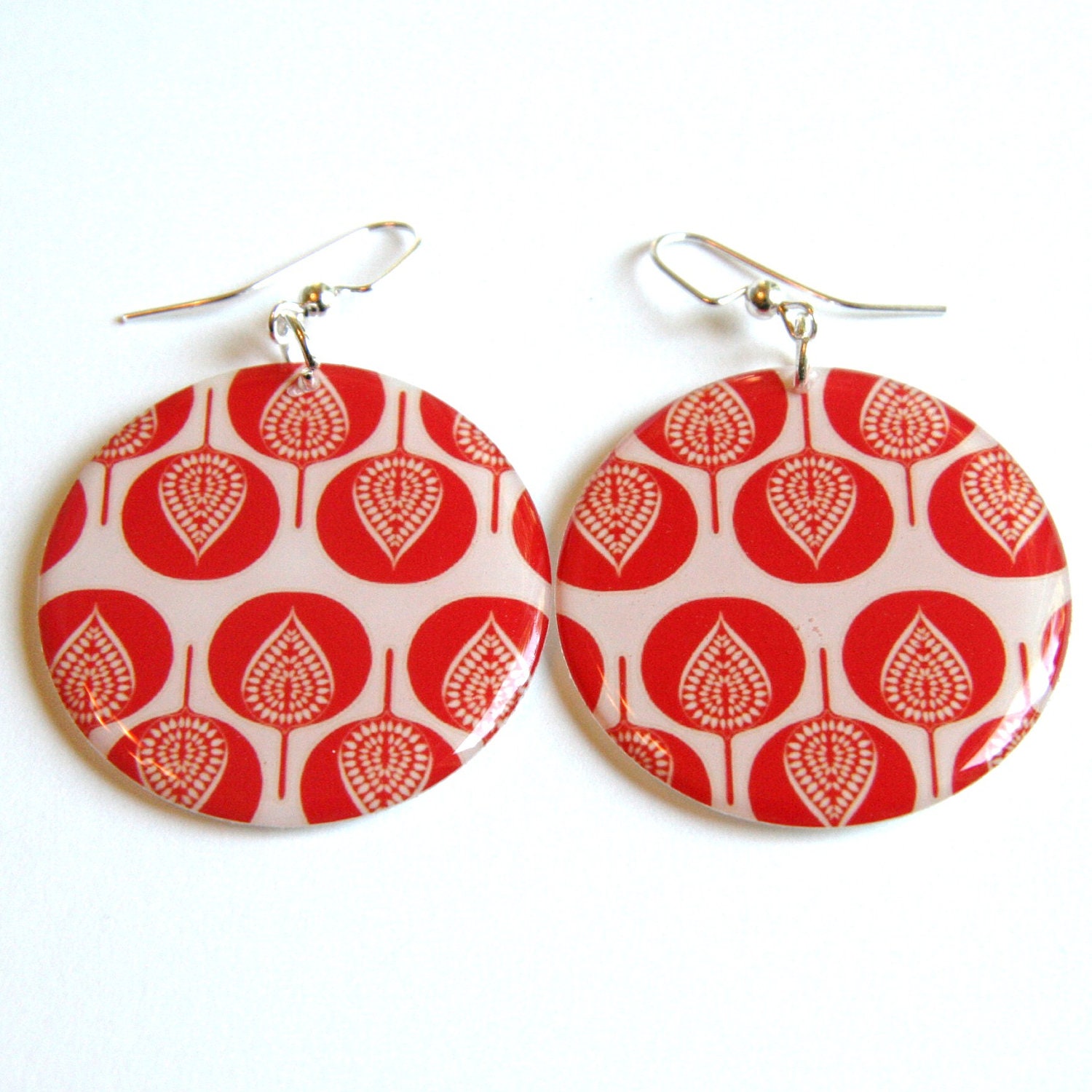 Bright Orangy Red Leaf Large Resin Earrings with Sterling Ear Wires