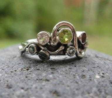 unique mother's ring. 4 or 5 birthstones set in sterling silver . (( Wild Garden Mother's Ring )) . customized and made to order