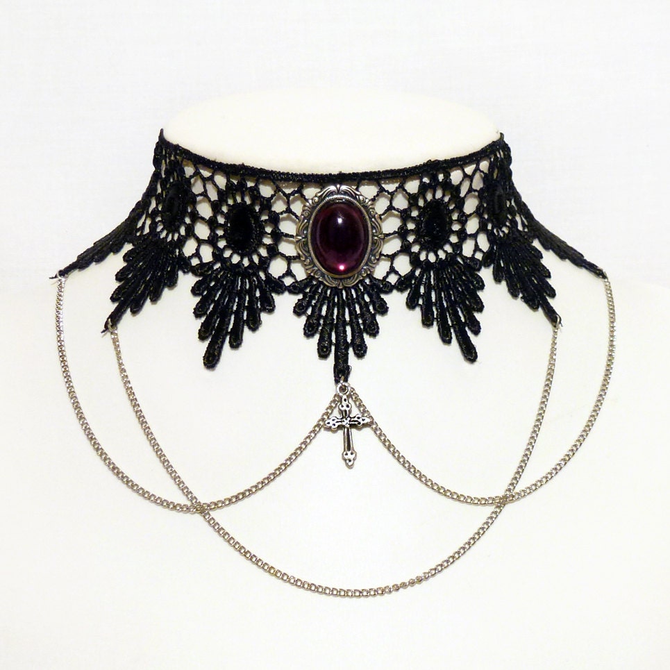 Steampunk choker necklace - venise lace choker with chains, cross and ornate purple pendant - LUCRETIA in purple