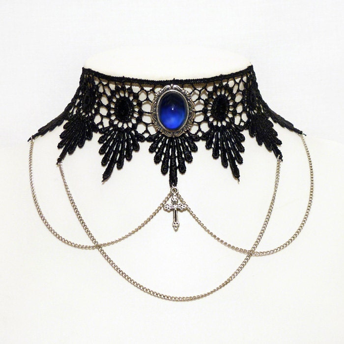 Gothic choker steampunk necklace - Chains, cross and ornate Sapphire blue pendant - LUCRETIA in Sapphire blue