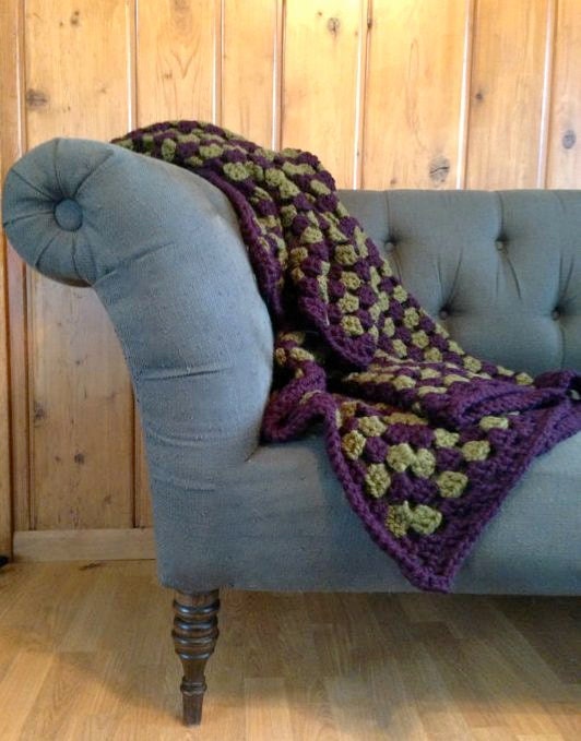 READY TO SHIP - Sale 50% off - Oversized Green and Purple Crocheted Blanket - Granny Square Afghan - Avocado and Grape - Handmade