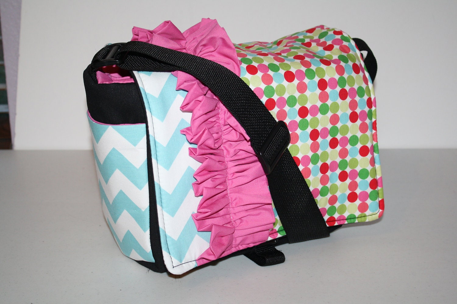 MESSENGER BAG Laptop Bag Diaper Bag Book Tote Purse Aqua Chevron Dots Ruffle XcessRize Designs