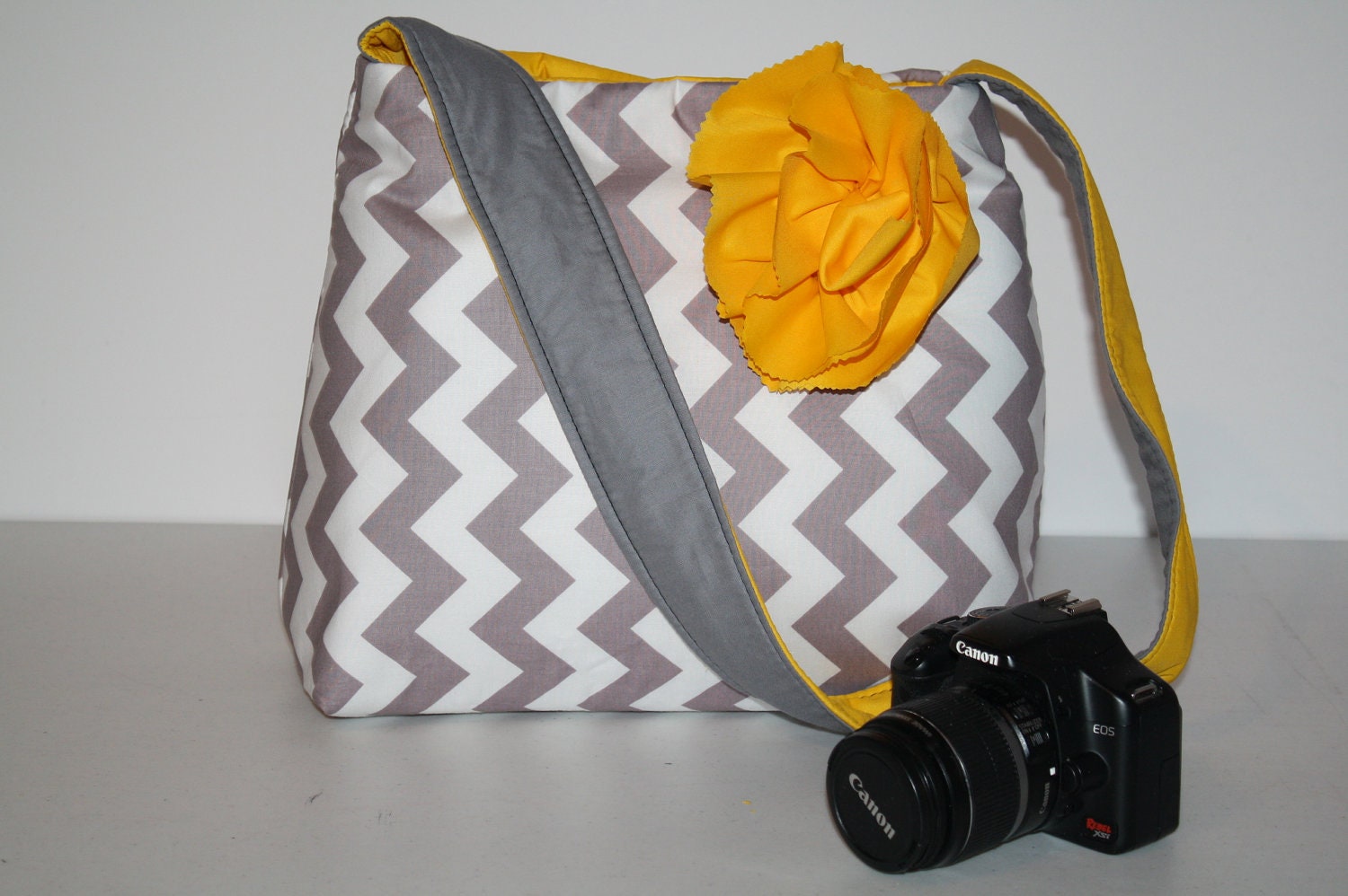 Digital Slr CAMERA Bag camera case bag Purse Womens  Hobo Market  Grey Chevron Yellow Flower  Foam padding