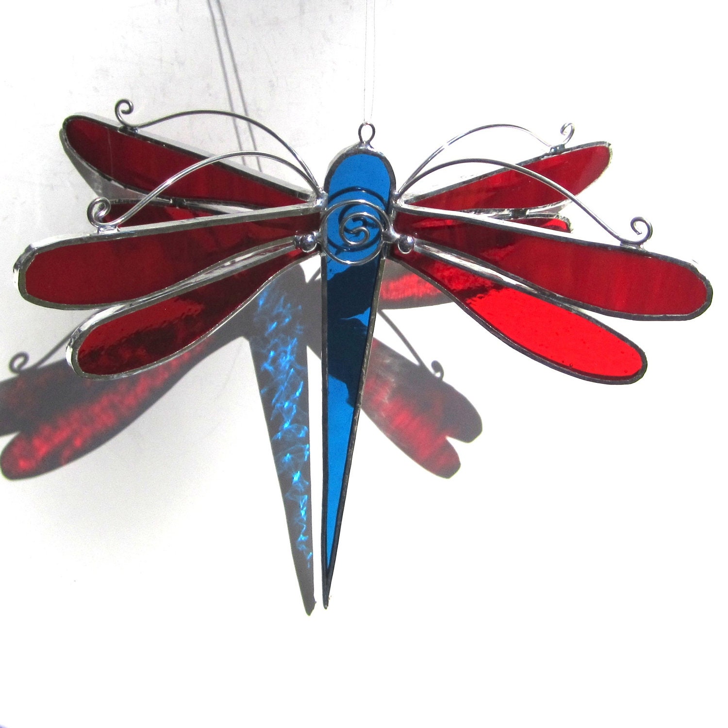Radiant Wings - Medium Stained Glass Dragonfly Twirl - Red Home Garden Decor Suncatcher 3 Dimensional Yard Art Ornament Insect