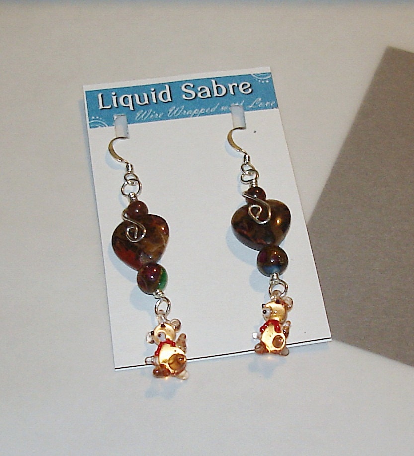 Sterling Silver Teddy Bear Glass Heart Earrings OOAK