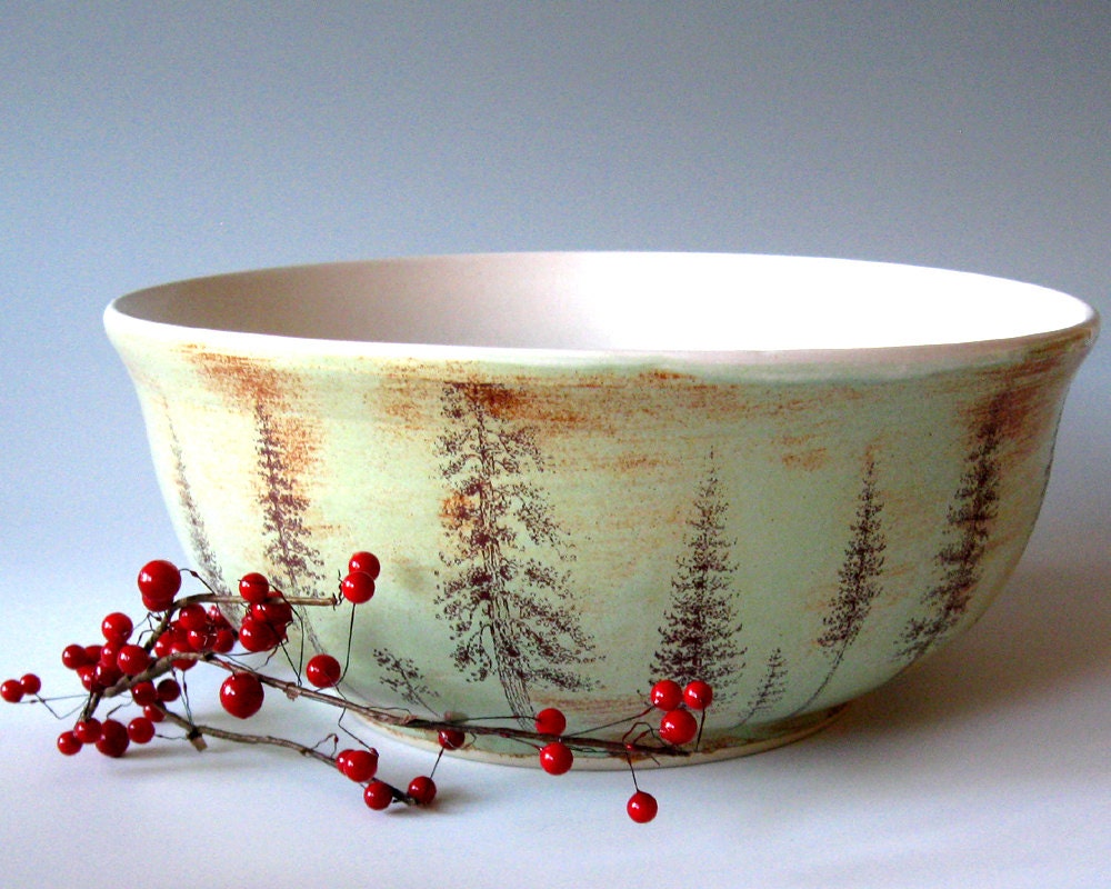 Large Ceramic  Bowl - Pine Trees - Decorative - Functional -  Hand Thrown Stoneware Pottery - JustMare