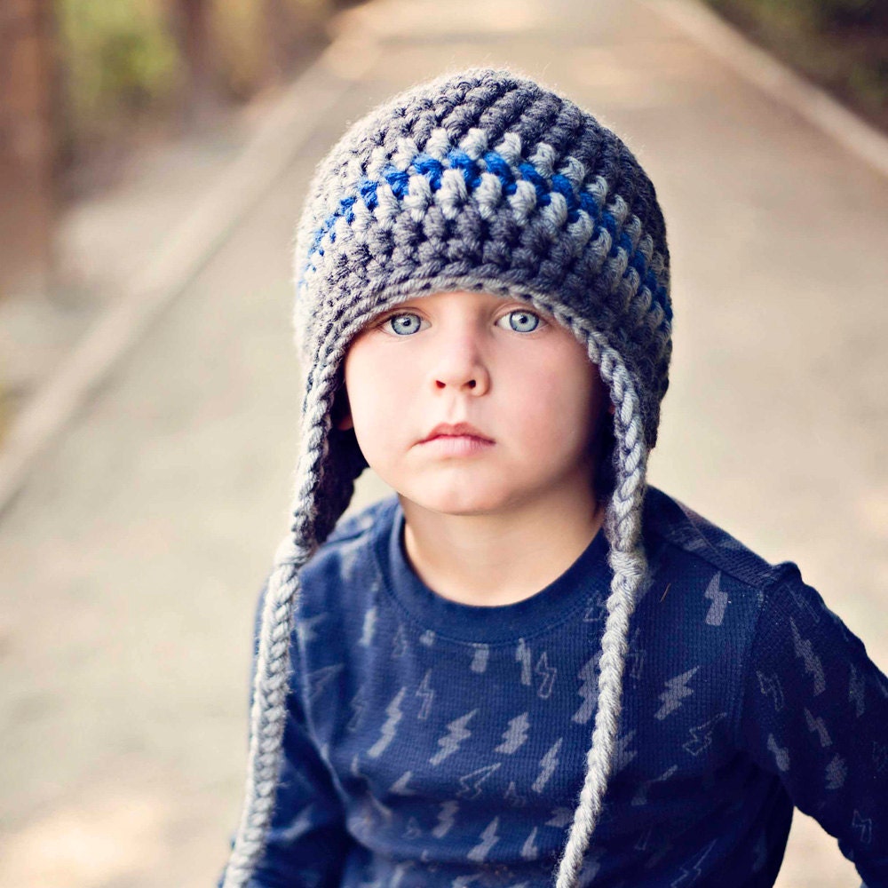 Children Winter Clothing Vegan Baby Toddler  Aviator Beanie Hat  Ear Flaps Tassels  Charcoal Gray Light  Gray Blue  6 to 12 months