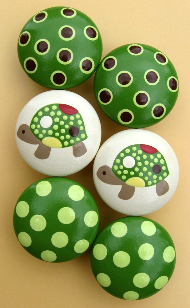 Turtle and Spotted Hand Painted Knobs, Green, Vanilla, Yellow, Red, Chocolate Brown, Polka Dots, Dresser Pulls Set of 6