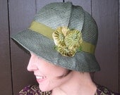 Olive Green Straw Cloche Hat, Handmade Womens Hat, Spring Green Flowers, Chartreuse Ribbon, Kenilworth Greens
