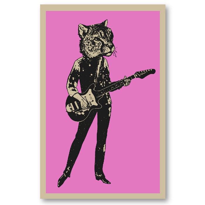60s style Cheetah cat girl Guitar Player girl rock band 11x17 silkscreen Art Print Poster screenprinted by hand. Great for musicians.