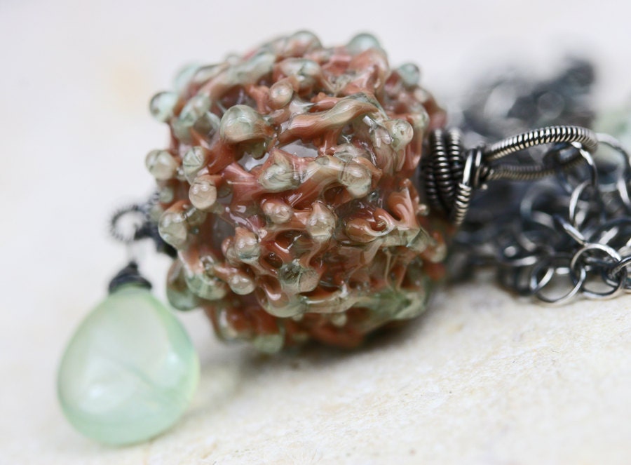 oOo SALE oOo - 60% off - Glass Lampwork Prehnite Oxidized Silver Wire Wrapped Necklace - The Chocolate Mint Snowcone