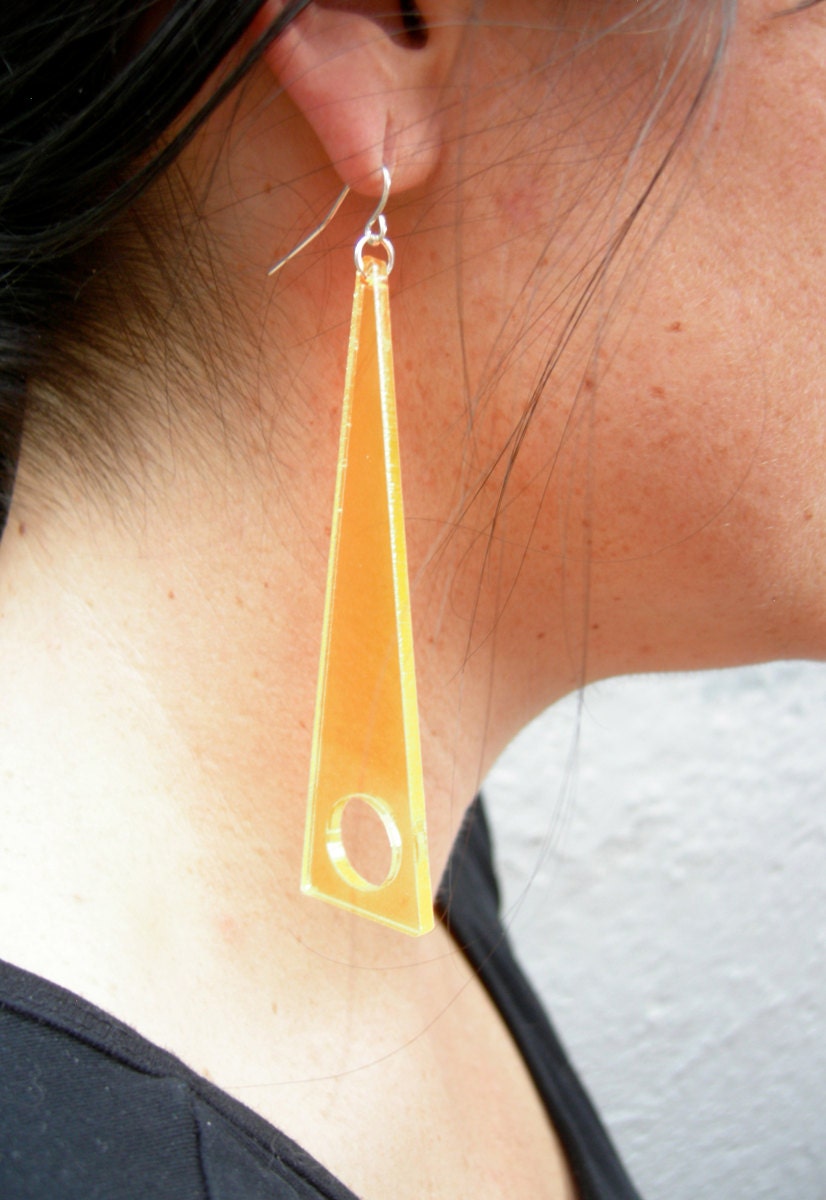 yellow/orange acrylic triangle dangle earrings with circle cut out