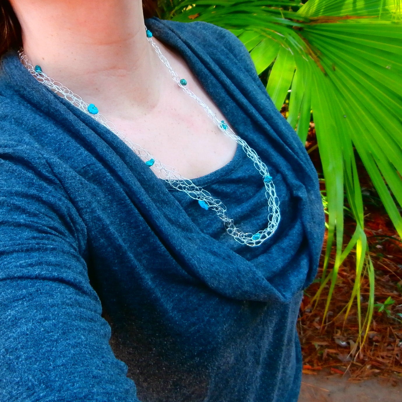 Turquoise Necklace, Long Necklace, Long Silver Necklace with Gemstones - Light, Airy, Delicate, GOSSAMER