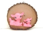 Handmade Chalkware Deer Mother and Child Wall Hanging on Wood Slice Wall Decor