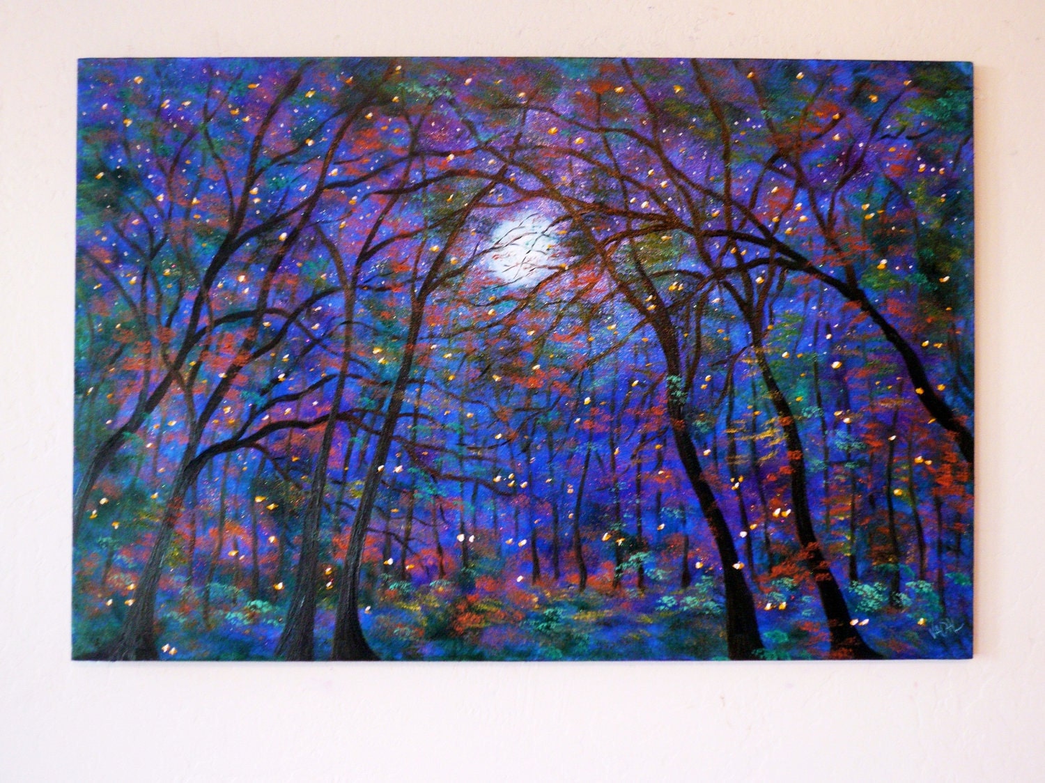 Commission large - original  oil -moon and Fireflies painting-order yours by Vadal