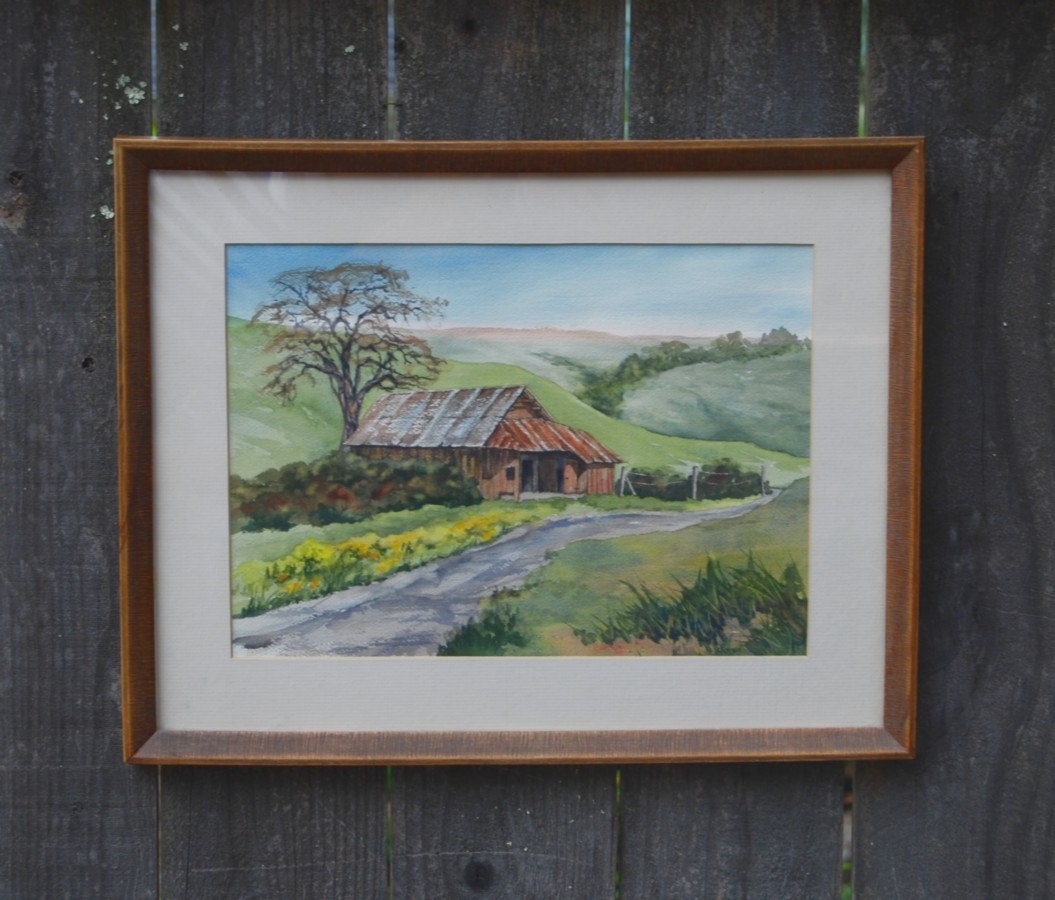 BARN rural rustic Northern California countryside watercolor framed vintage