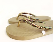 Decorated flip flops, Bling flip flops, flip flop, Custom flipflops, Gold flip flops, string sandals
