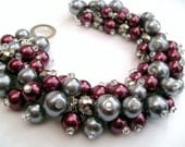 Pearl Bracelet for Bridesmaids, Wedding, Cluster Bracelet, Plum and Slate Gray Bracelet, Winter Wedding, Chunky Bracelet