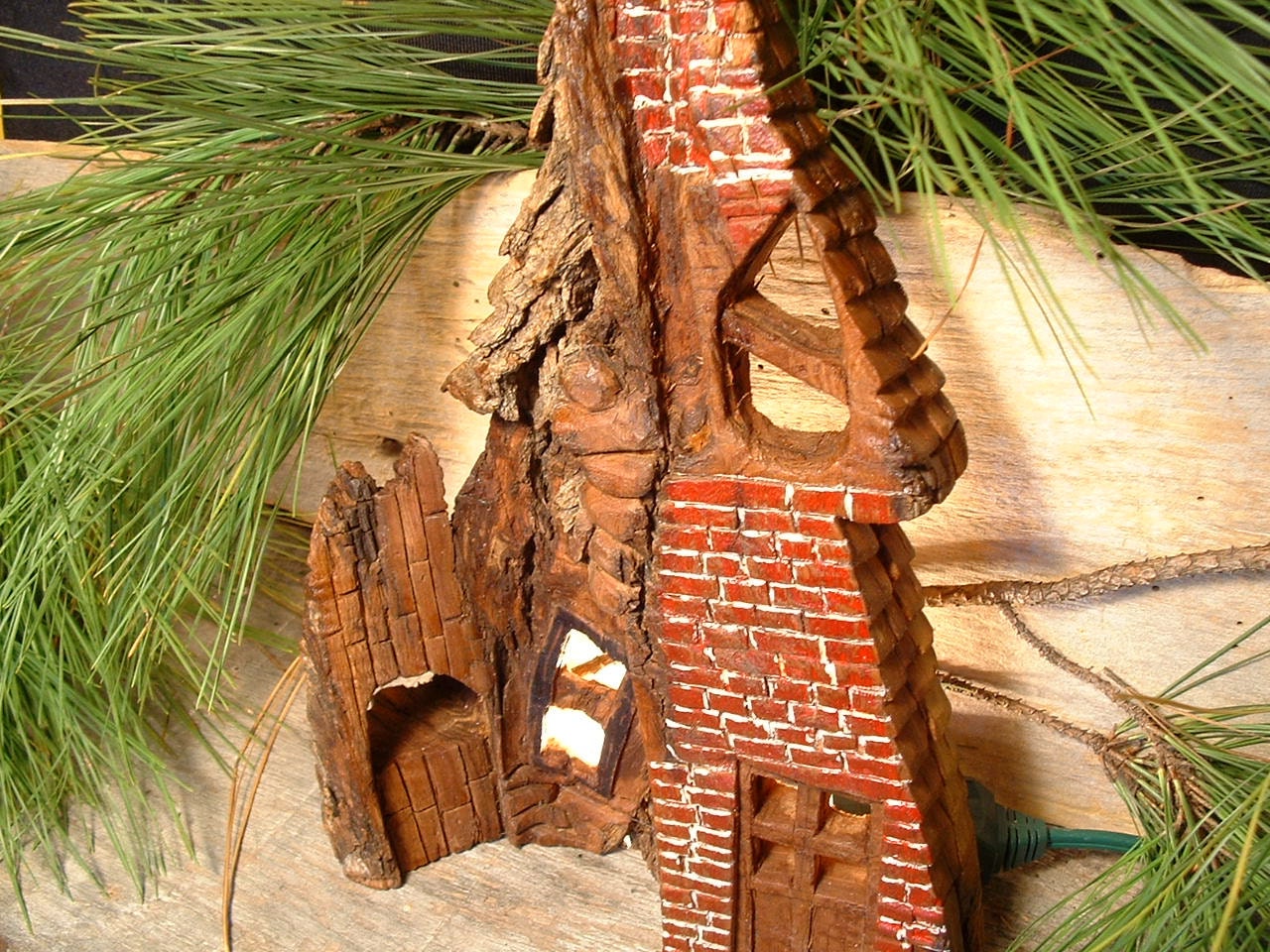 Carving of fairy,gnome,elf home from cottonwood bark,free shipping