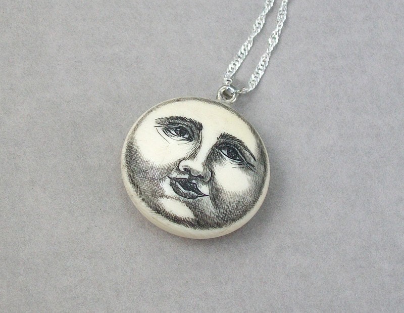 Scrimshaw  full moon  Ivory necklace pendant sterling silver chain