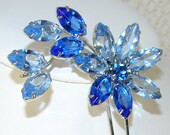 Blue Rhinestone Hair Comb Flower Wedding Bridal Formal Vintage Jewelry Accessory Royal Powder