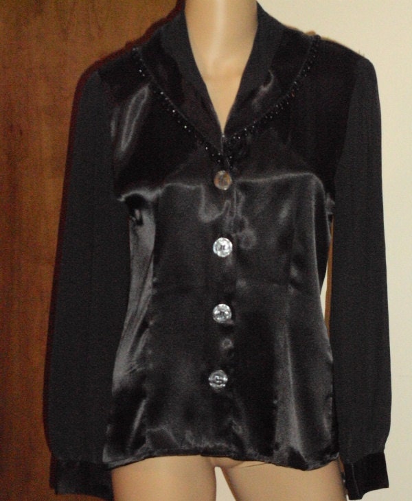 Nicola Black Blouse Shawl Collar Vintage Long Sheer Sleeves Black Beads