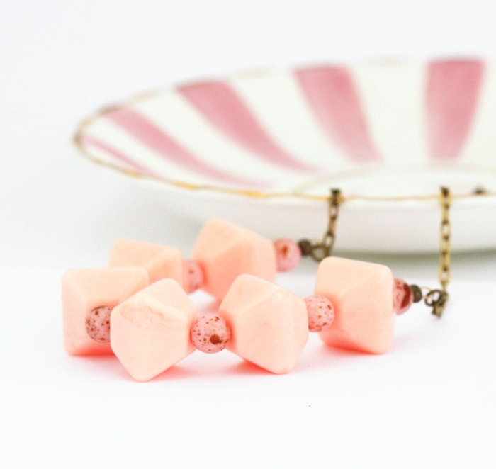 Statement Necklace, Light Pink Necklace - Made From Vintage Beads - Brass Chain - Gift For Woman
