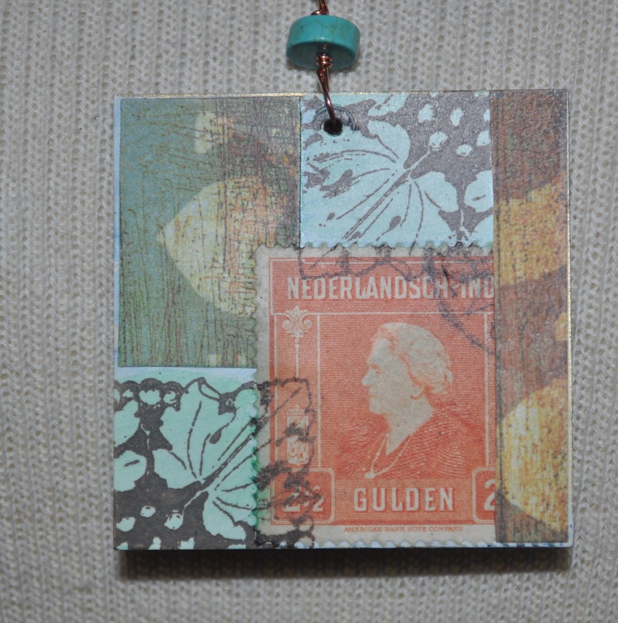 SALE--Handmade fall pendant orange and turquoise blue beads with vintage stamp