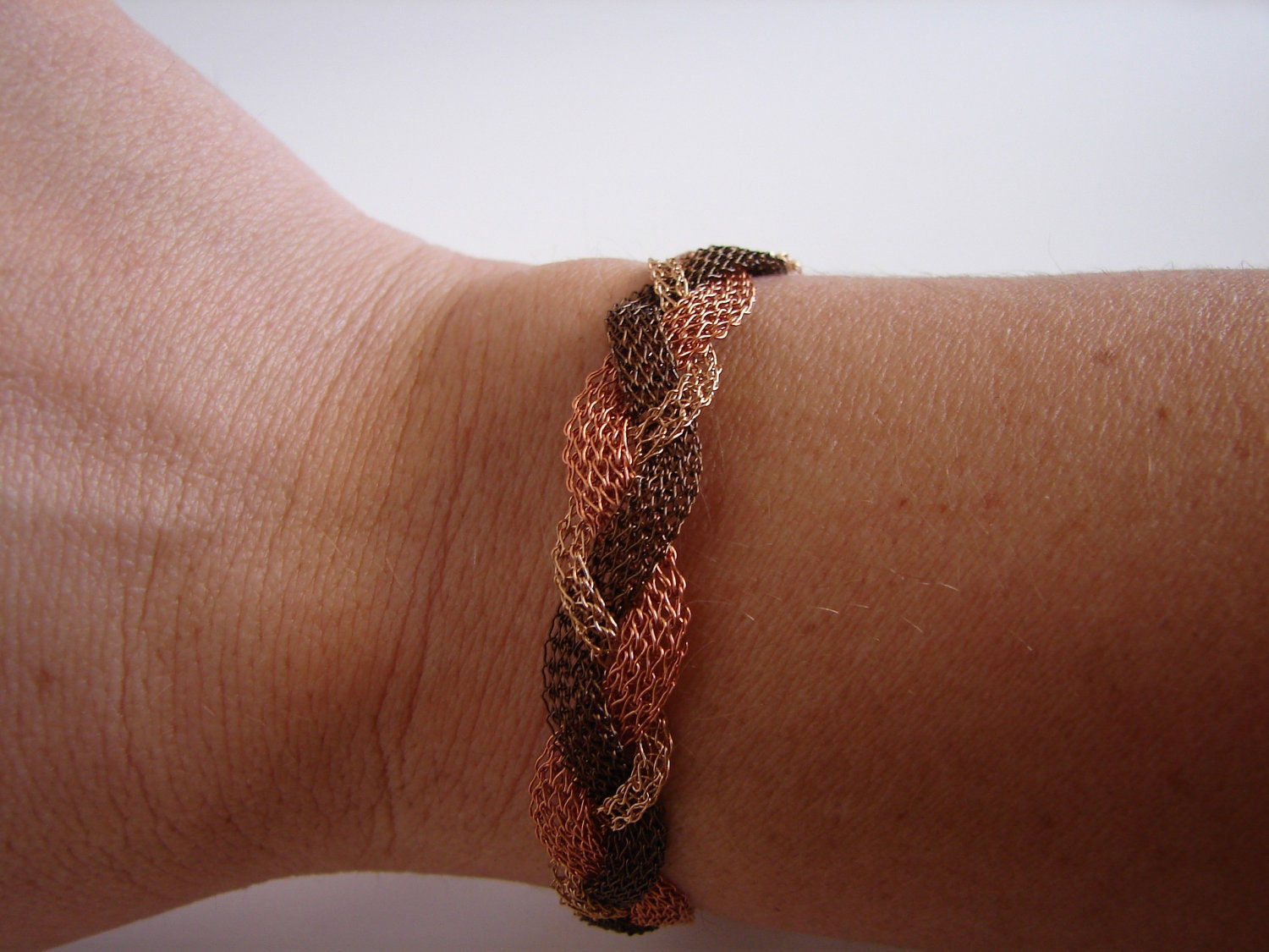 Braided Bracelet with Knitted Wire Brass Copper and Bronze